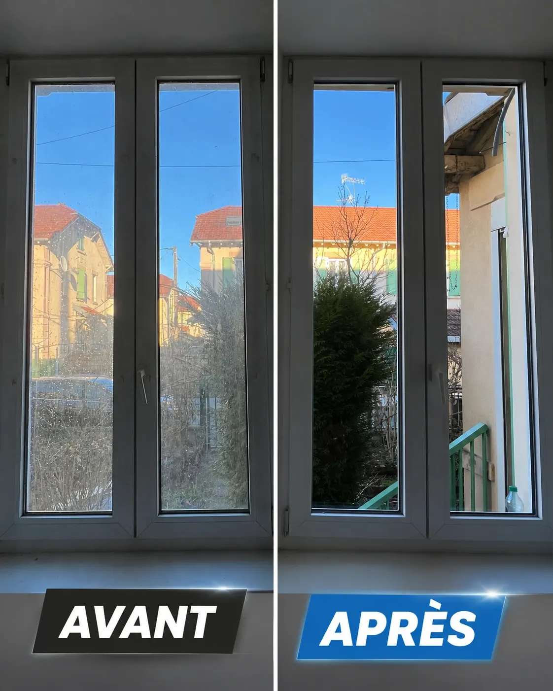 Fenêtre à deux battants avant et après nettoyage : vitres voilées de traces, puis parfaitement claires